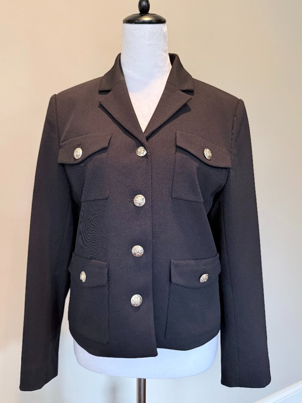 Ann Taylor Military Style Blazer Jacket Black Gold Buttons 12P